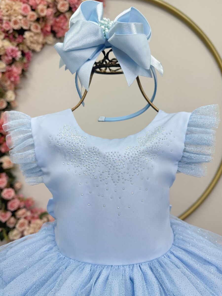 Vestido Infantil Azul Claro Busto com Strass Saia Babados