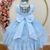 Vestido Infantil Azul Claro Busto com Strass Saia Babados
