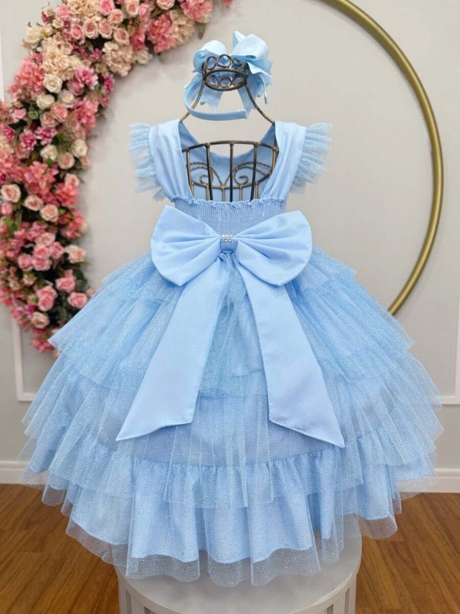 Vestido Infantil Azul Claro Busto com Strass Saia Babados