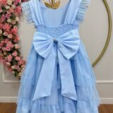 Vestido Infantil Azul Claro Busto com Strass Saia Babados