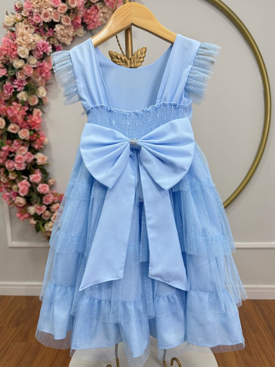 Vestido Infantil Azul Claro Busto com Strass Saia Babados