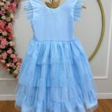 Vestido Infantil Azul Claro Busto com Strass Saia Babados