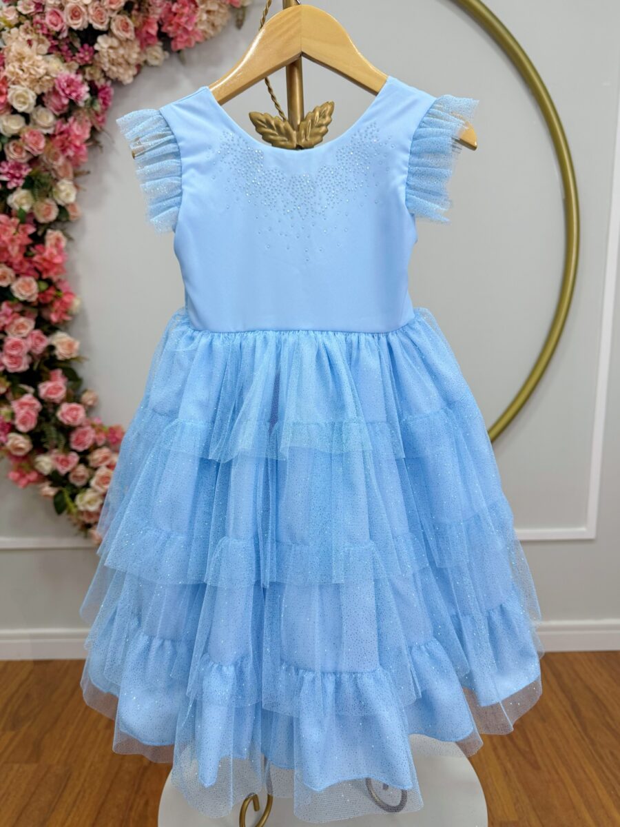 Vestido Infantil Azul Claro Busto com Strass Saia Babados