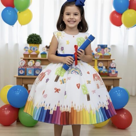 Vestido Infantil Branco Aquarela Formatura Festa 4 ao 18