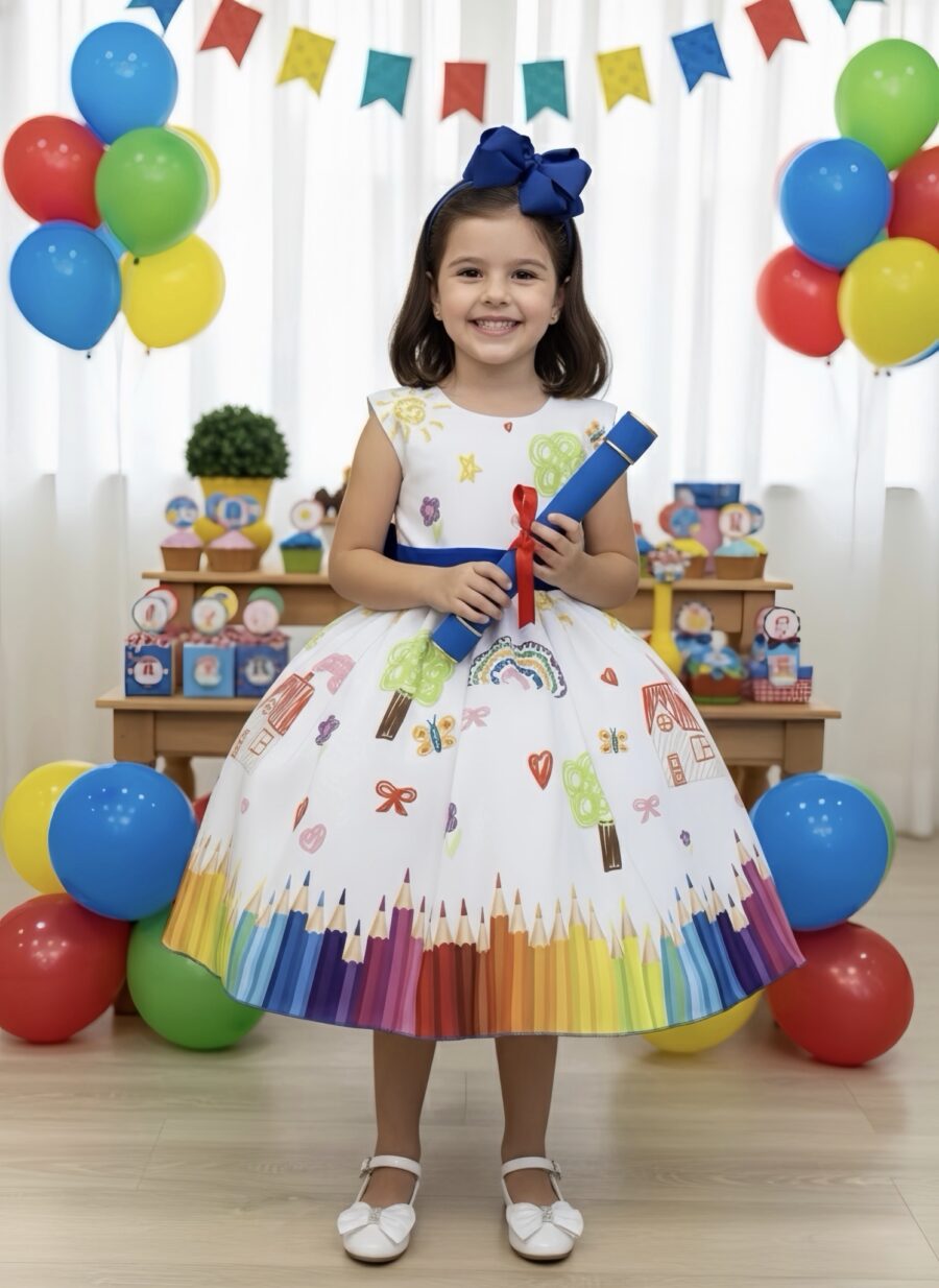 Vestido Infantil Branco Aquarela Formatura Festa 4 ao 18