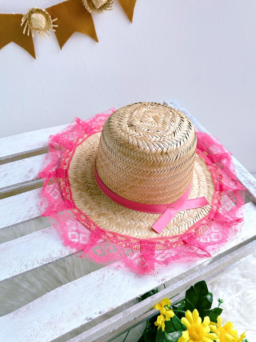 Chapéu de Palha Infantil Junino com Renda Rosa