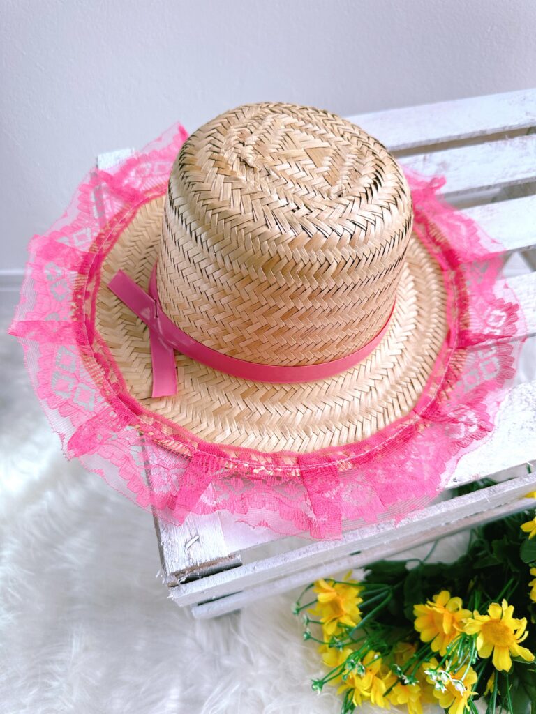 Chapéu de Palha Infantil Junino com Renda Rosa