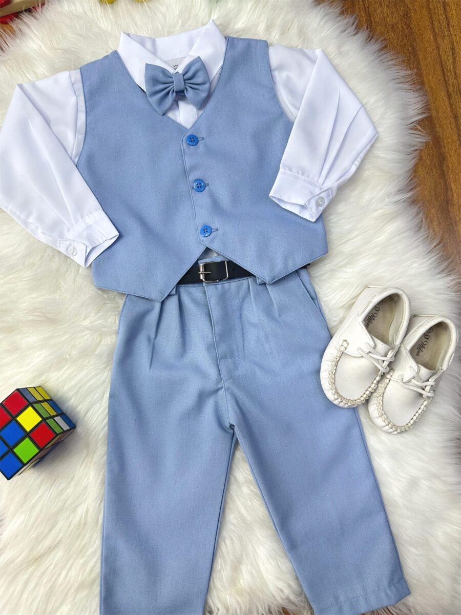 Conjunto Social Infantil Camisa Calça Colete Gravata Azul