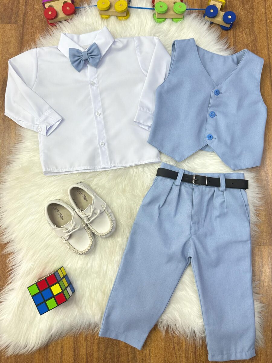 Conjunto Social Infantil Camisa Calça Colete Gravata Azul
