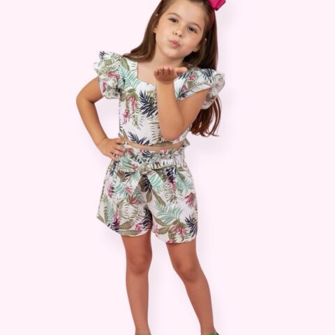 Conjunto Infantil Cropped e Saia Florida Colorida Casual