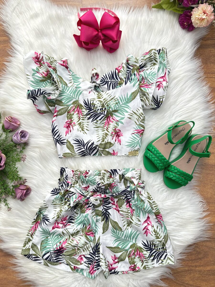 Conjunto Infantil Cropped e Saia Florida Colorida Casual