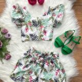 Conjunto Infantil Cropped e Saia Florida Colorida Casual
