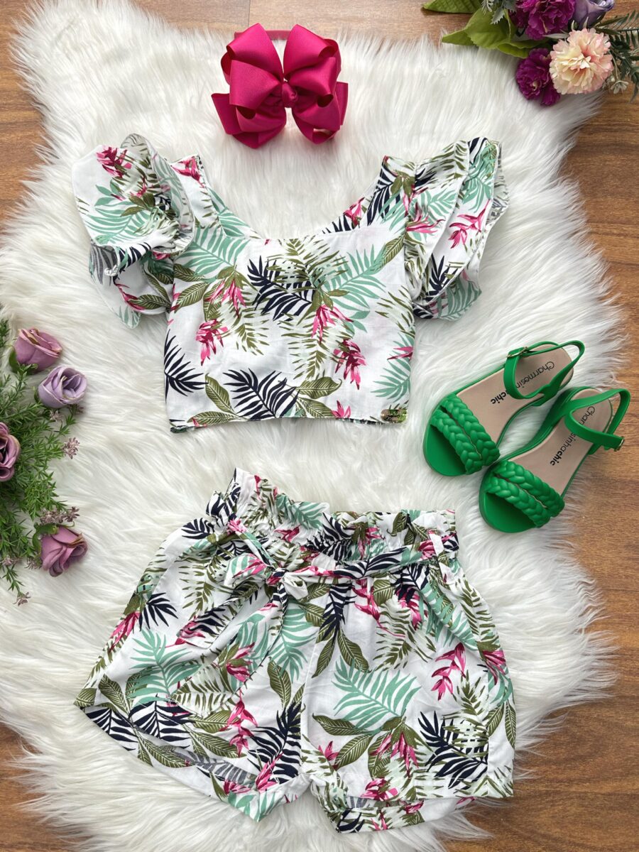 Conjunto Infantil Cropped e Saia Florida Colorida Casual