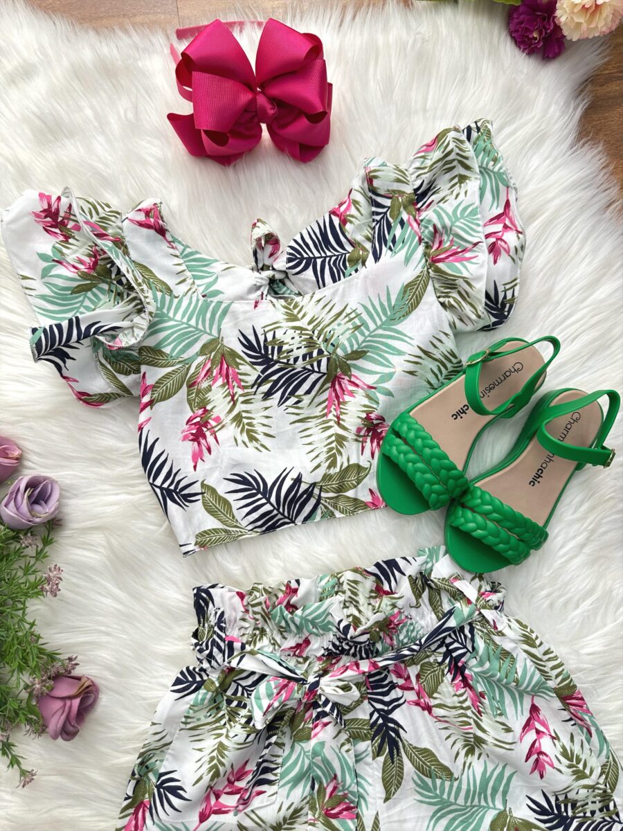 Conjunto Infantil Cropped e Saia Florida Colorida Casual