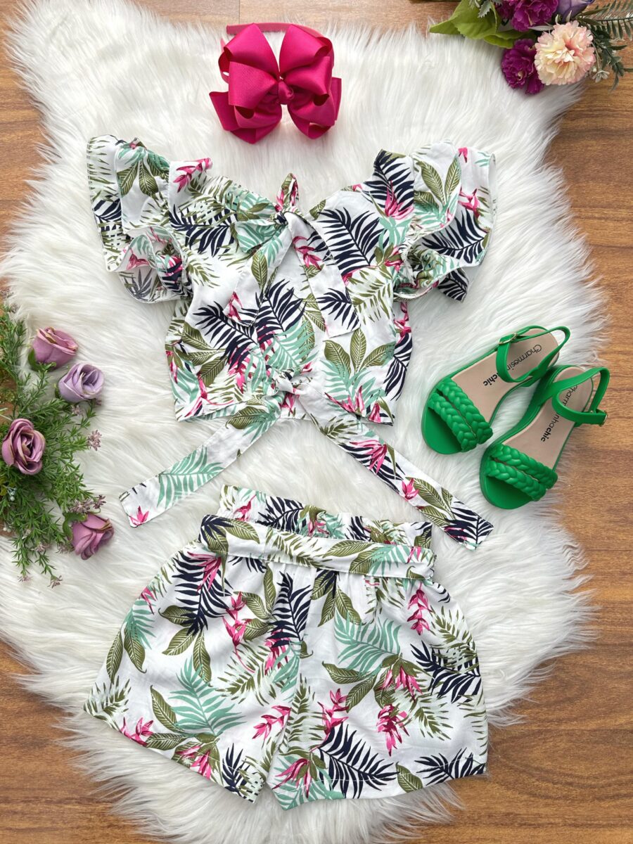 Conjunto Infantil Cropped e Saia Florida Colorida Casual