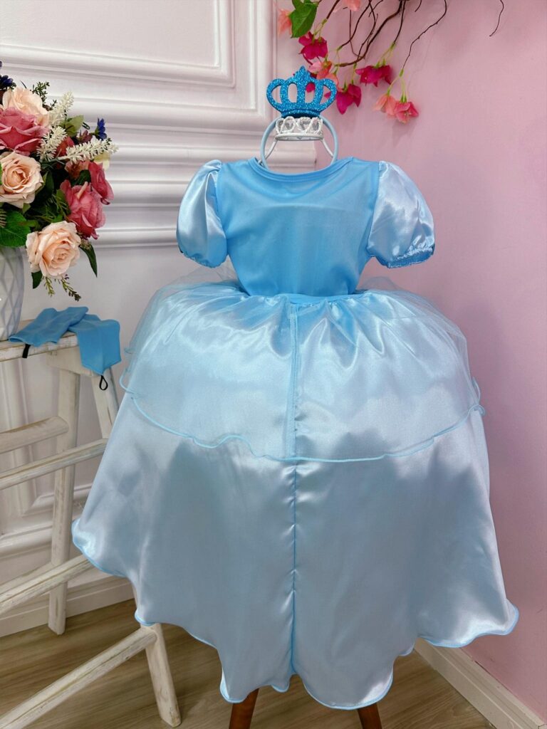 Fantasia Infantil Princesa Azul com Tiara e Luva Organza