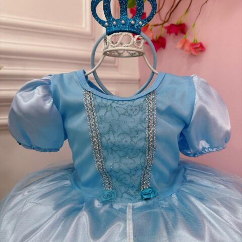 Fantasia Infantil Princesa Azul com Tiara e Luva Organza