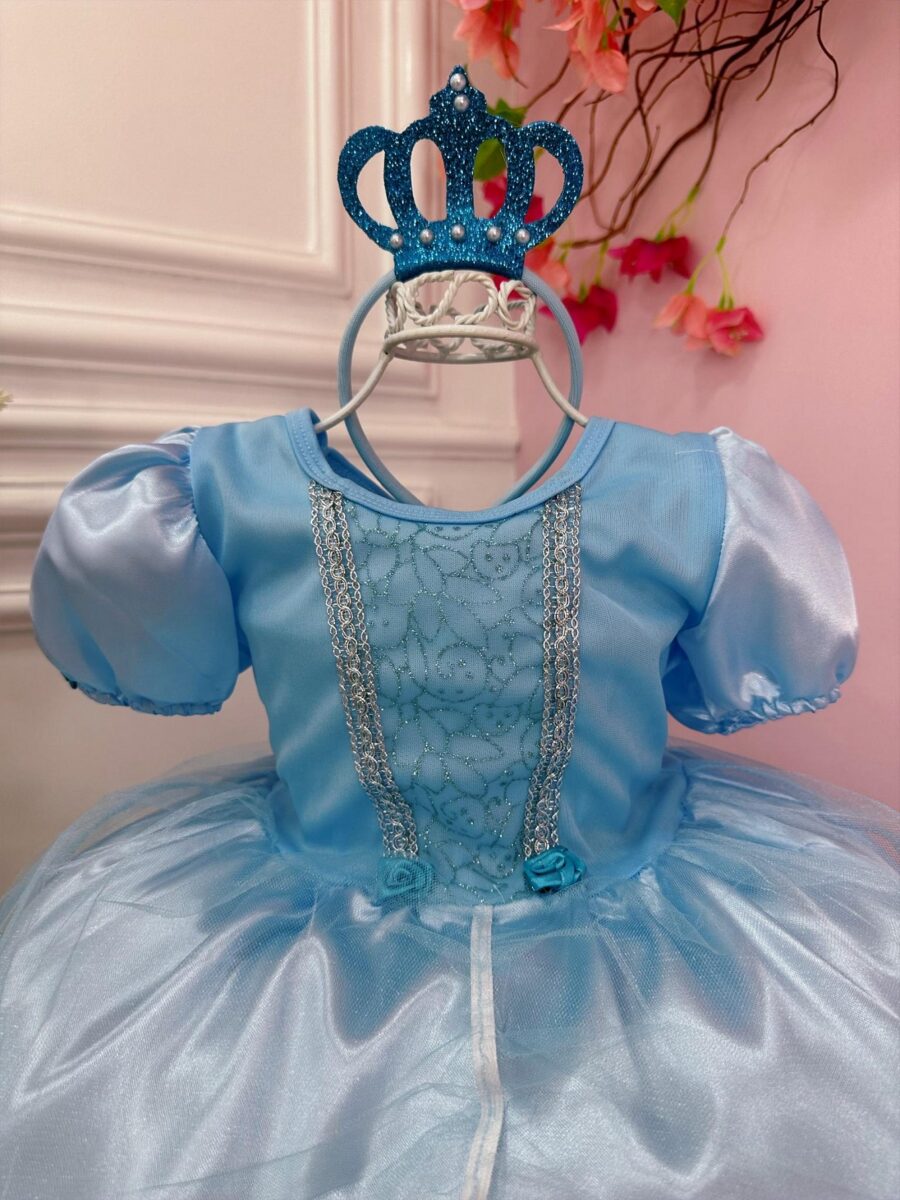 Fantasia Infantil Princesa Azul com Tiara e Luva Organza