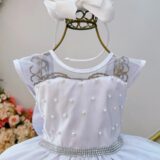 Vestido Infantil Branco Pérolas e Saia Glitter Daminha