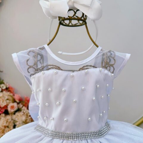 Vestido Infantil Branco Pérolas e Saia Glitter Daminha