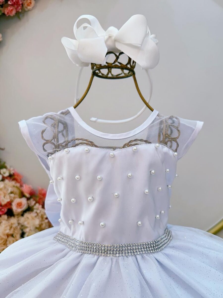 Vestido Infantil Branco Pérolas e Saia Glitter Daminha