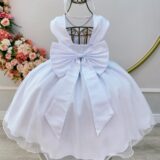 Vestido Infantil Branco Pérolas e Saia Glitter Daminha