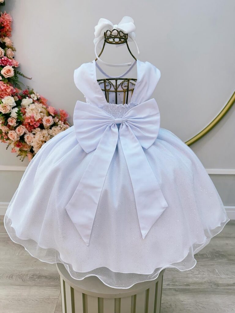 Vestido Infantil Branco Pérolas e Saia Glitter Daminha