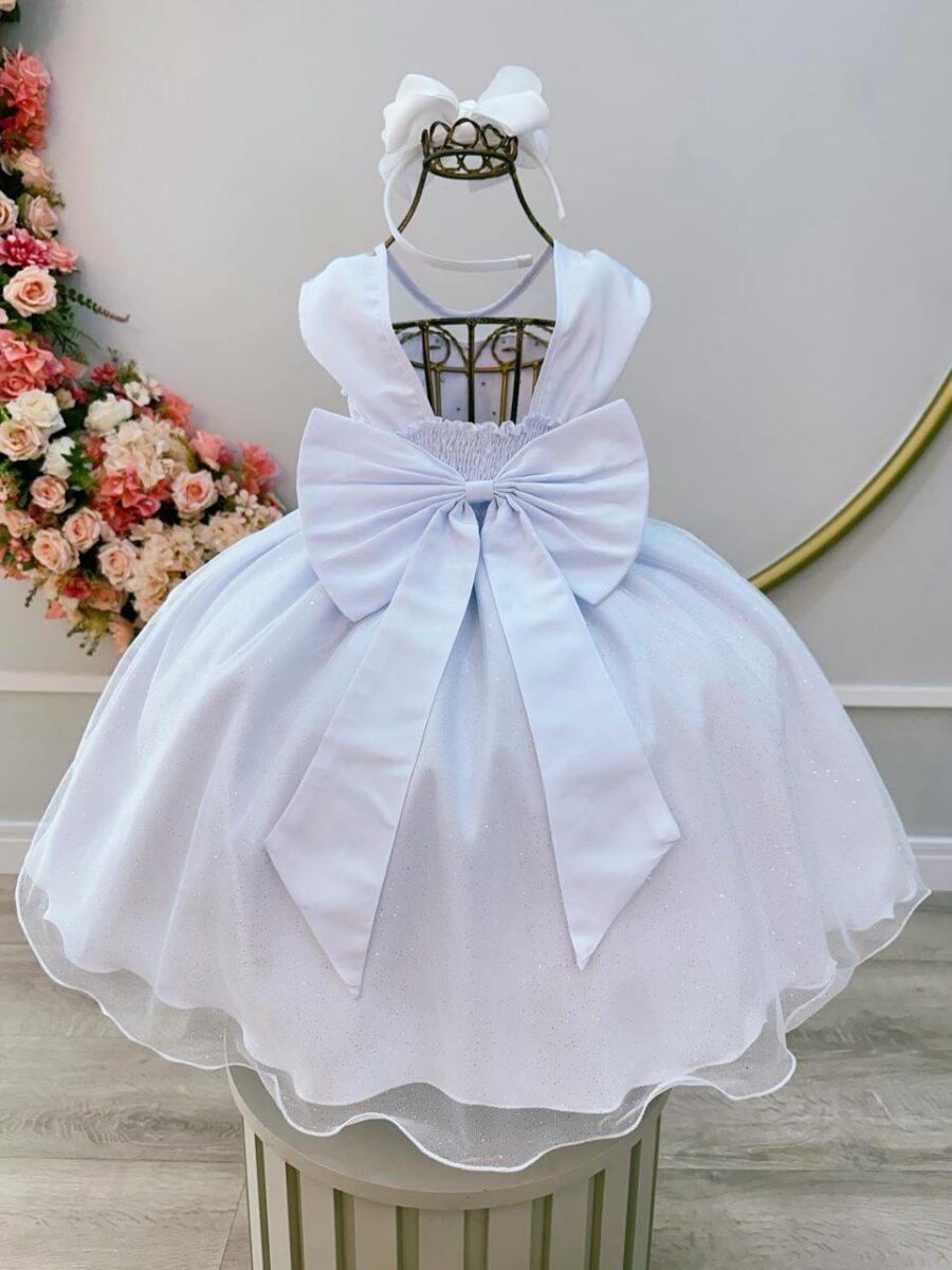 Vestido Infantil Branco Pérolas e Saia Glitter Daminha