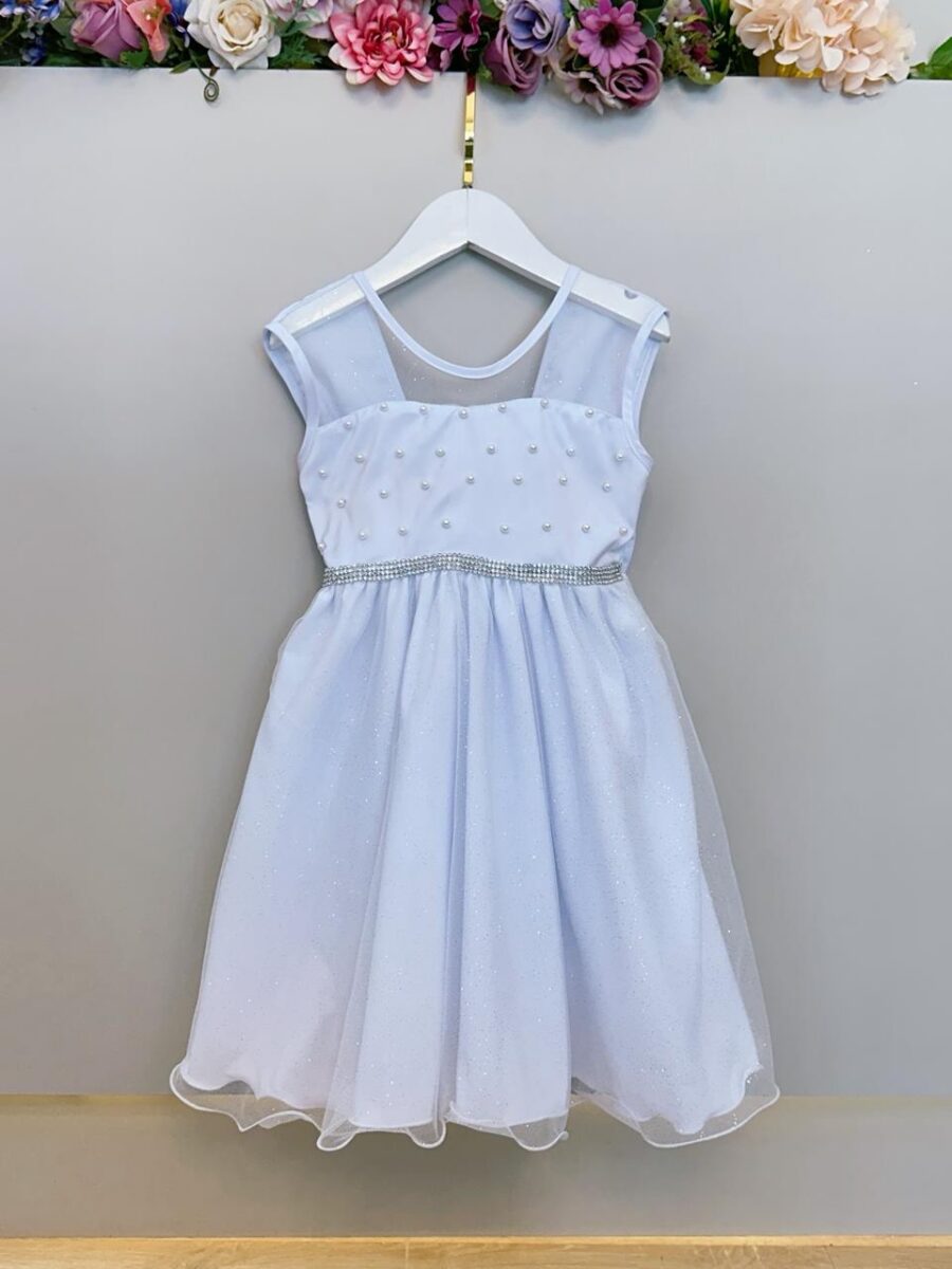 Vestido Infantil Branco Pérolas e Saia Glitter Daminha