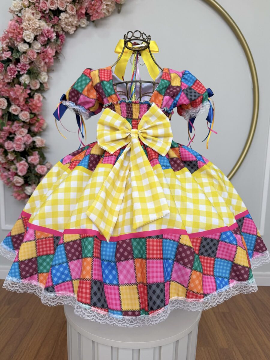 Vestido Junino Infantil Caipira Xadrez Colorido Coração