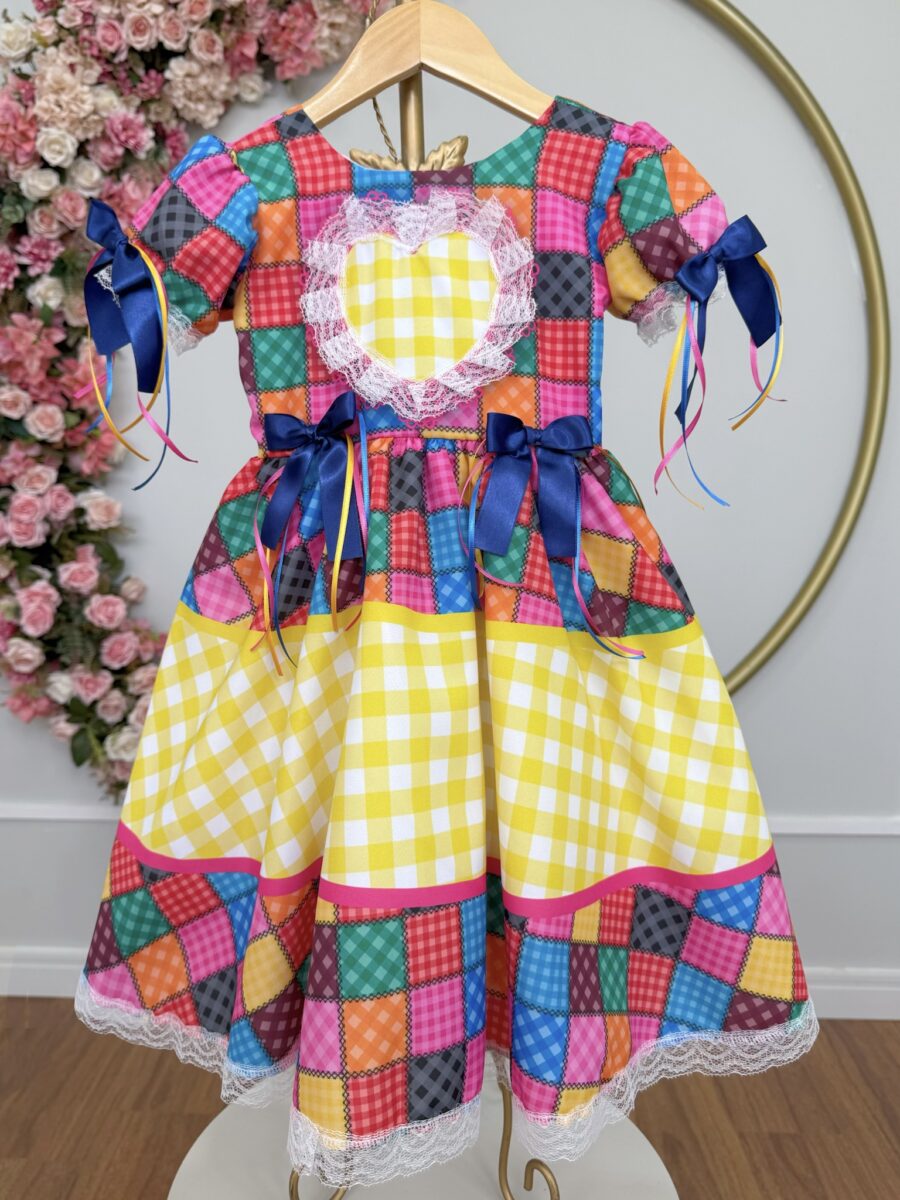 Vestido Junino Infantil Caipira Xadrez Colorido Coração