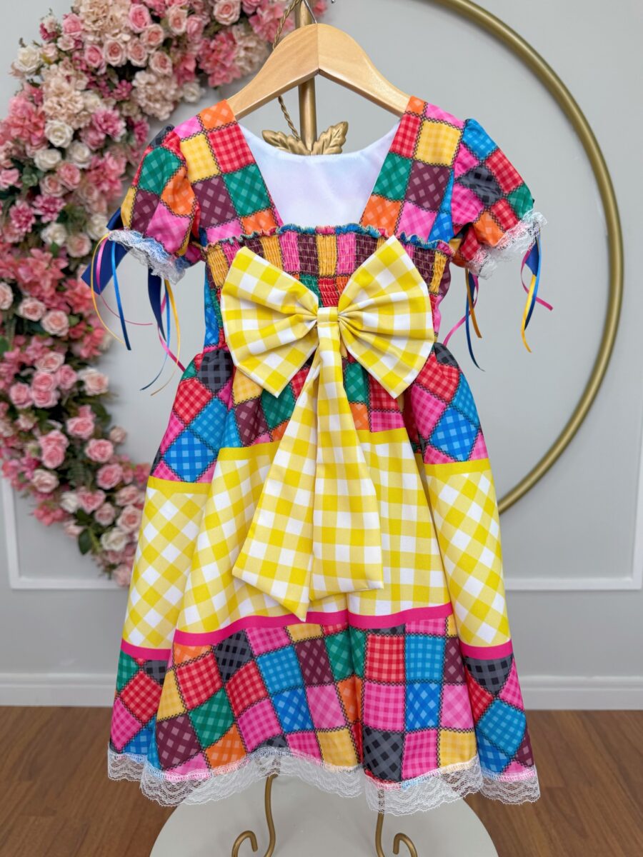 Vestido Junino Infantil Caipira Xadrez Colorido Coração