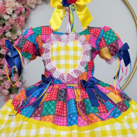 Vestido Junino Infantil Caipira Xadrez Colorido Coração