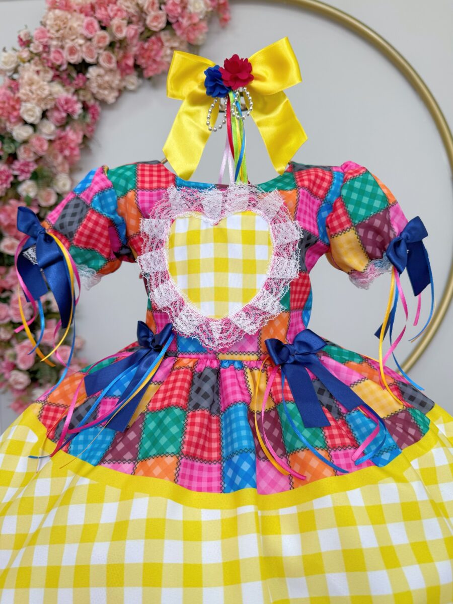 Vestido Junino Infantil Caipira Xadrez Colorido Coração