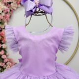 Vestido Infantil Lilás Busto Strass Saia Babados Daminha