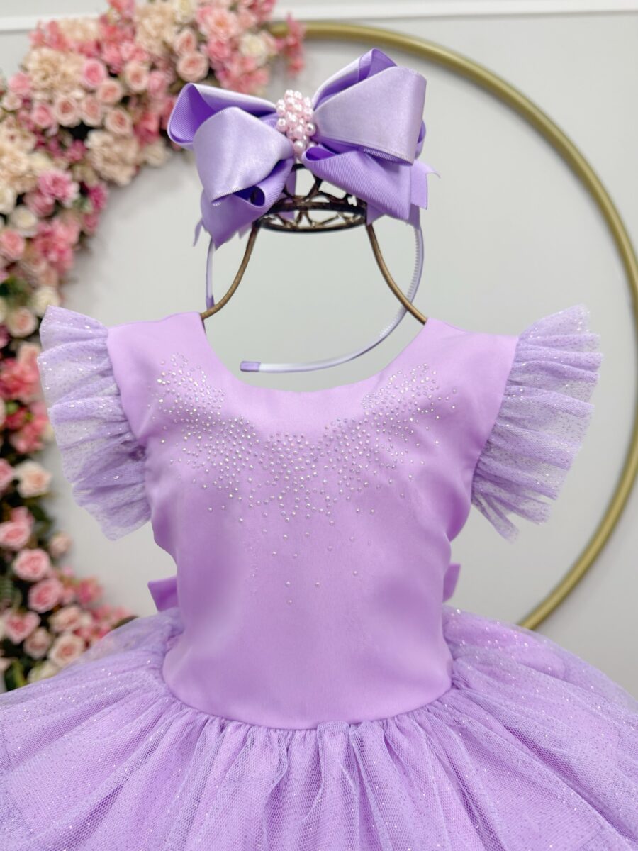 Vestido Infantil Lilás Busto Strass Saia Babados Daminha