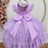 Vestido Infantil Lilás Busto Strass Saia Babados Daminha