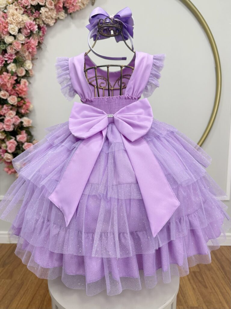 Vestido Infantil Lilás Busto Strass Saia Babados Daminha