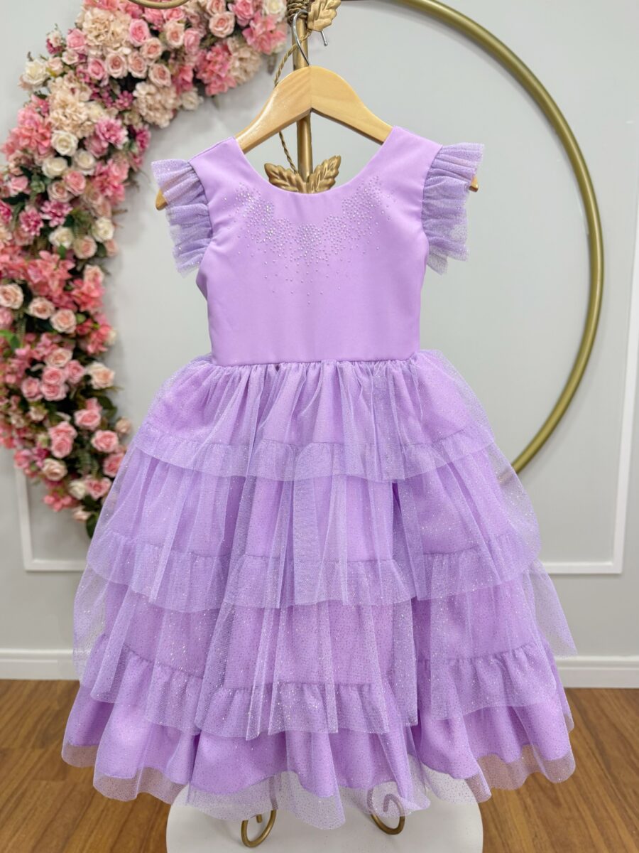 Vestido Infantil Lilás Busto Strass Saia Babados Daminha