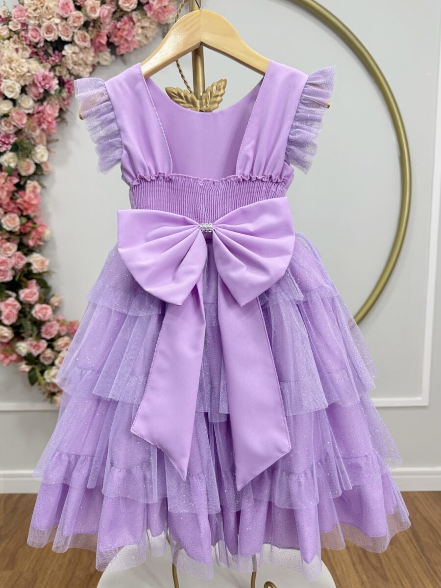 Vestido Infantil Lilás Busto Strass Saia Babados Daminha