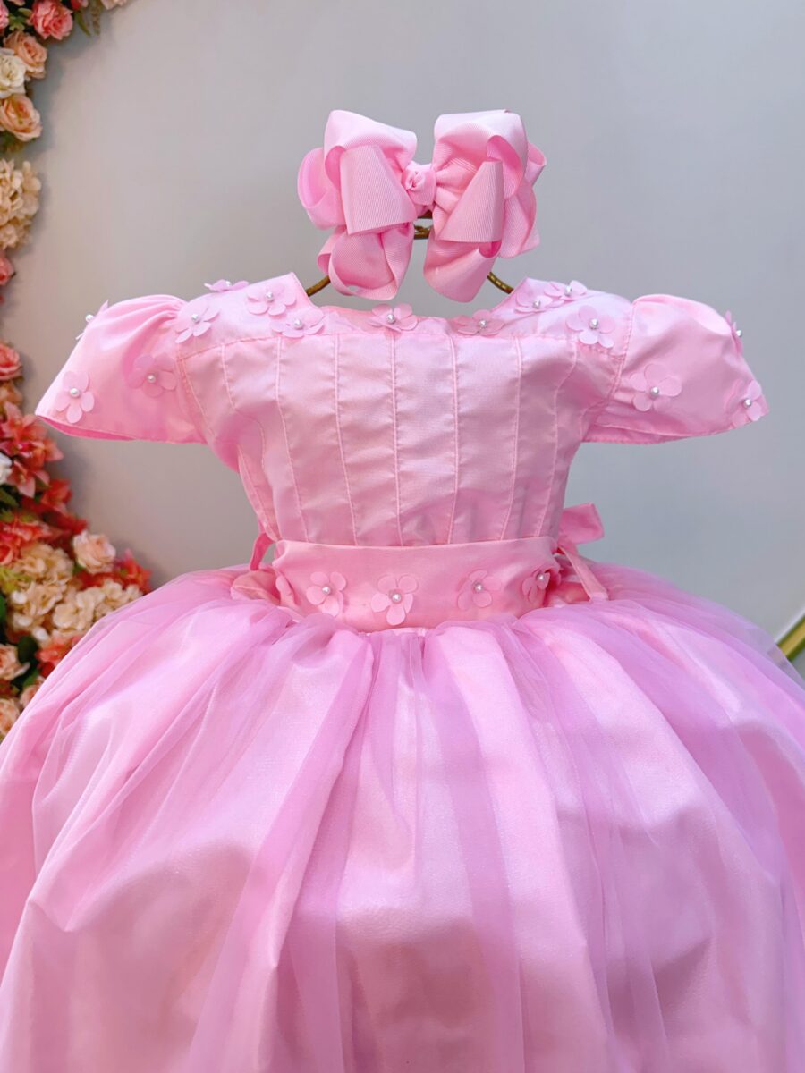 Vestido Infantil Longo Rosa Dama de Honra com Apliques