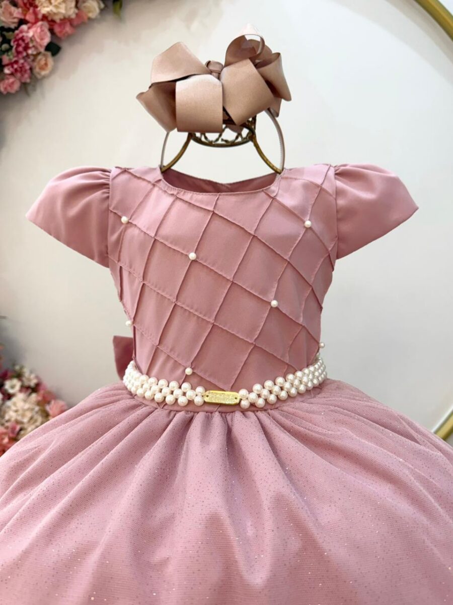 Vestido Infantil Longo Rosê Busto Nervura Daminha