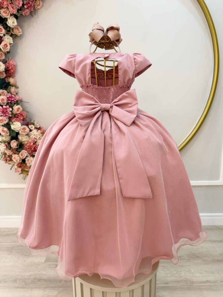 Vestido Infantil Longo Rosê Busto Nervura Daminha