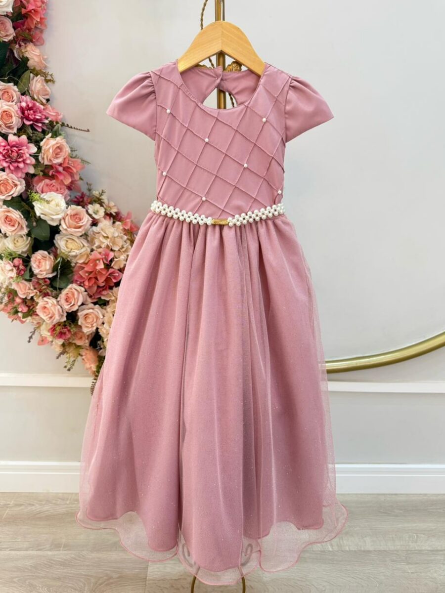 Vestido Infantil Longo Rosê Busto Nervura Daminha