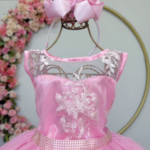 Vestido Infantil Rosa com Renda e Tule Glitter Daminha