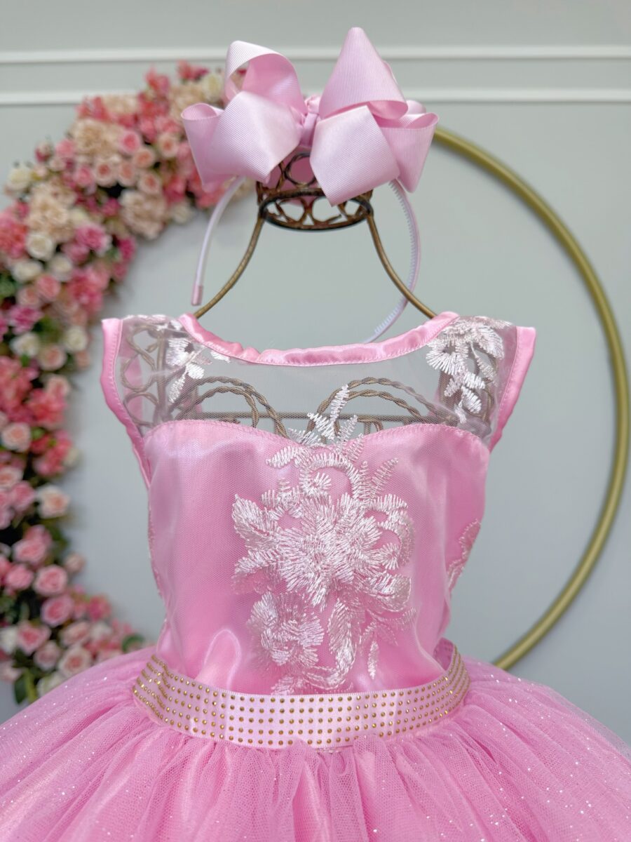 Vestido Infantil Rosa com Renda e Tule Glitter Daminha