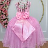 Vestido Infantil Rosa com Renda e Tule Glitter Daminha