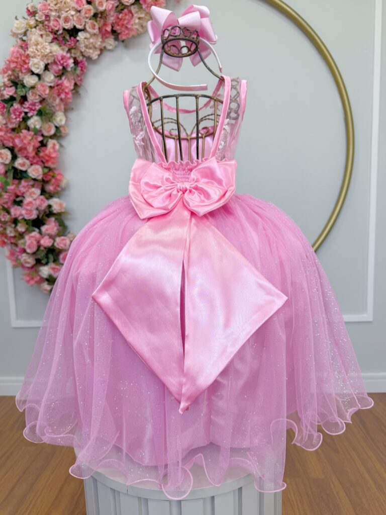 Vestido Infantil Rosa com Renda e Tule Glitter Daminha