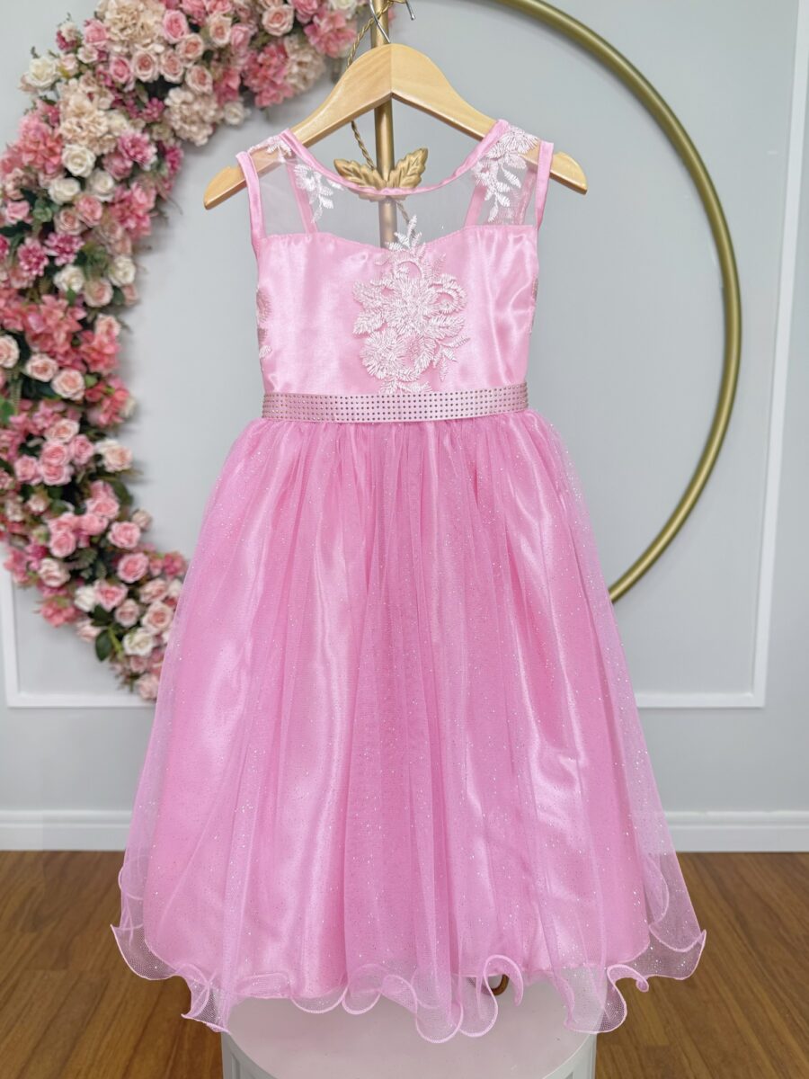 Vestido Infantil Rosa com Renda e Tule Glitter Daminha