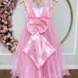 Vestido Infantil Rosa com Renda e Tule Glitter Daminha